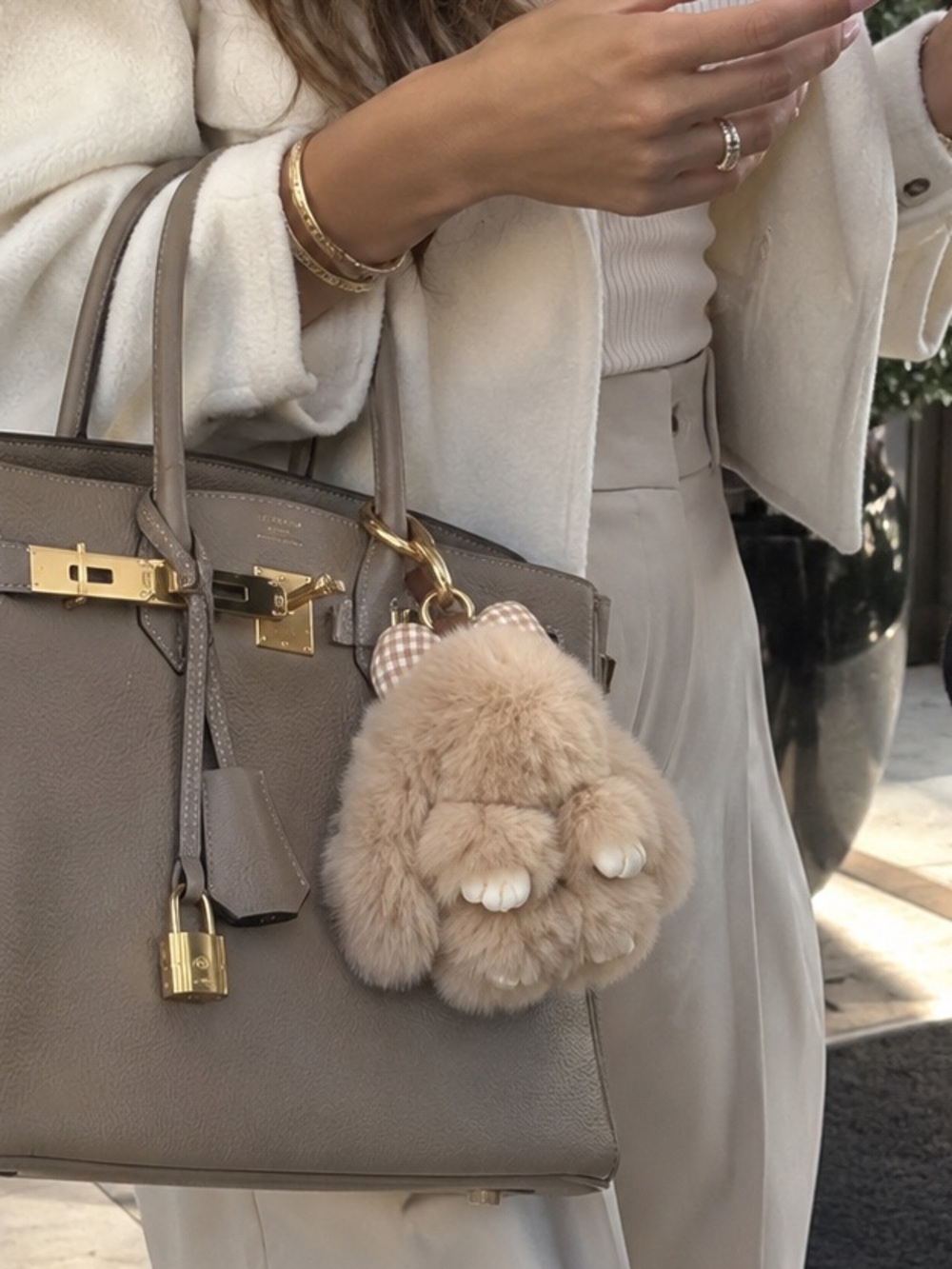 Taupe Leather Structured Tote Bag with Gold Hardware